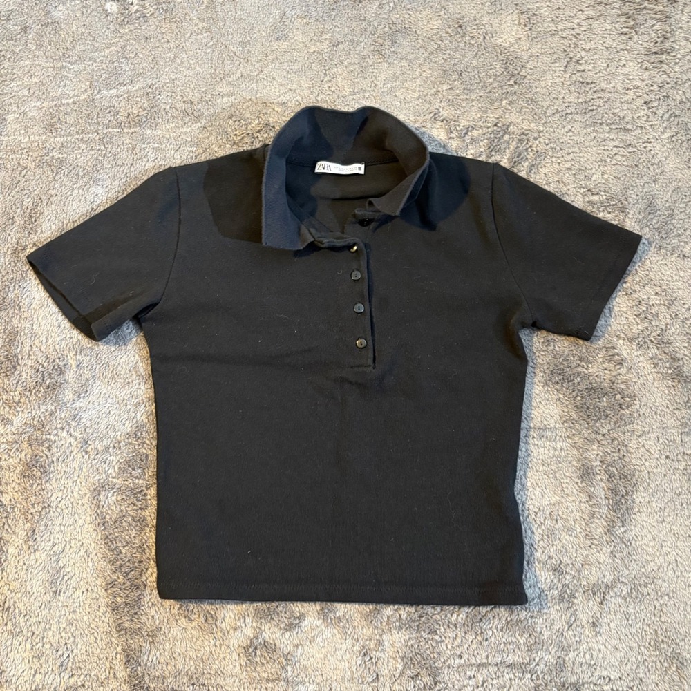 Zara‎ Womens Short Sleeve Polo Shirt Black Button Up Ribbed Collar Size S